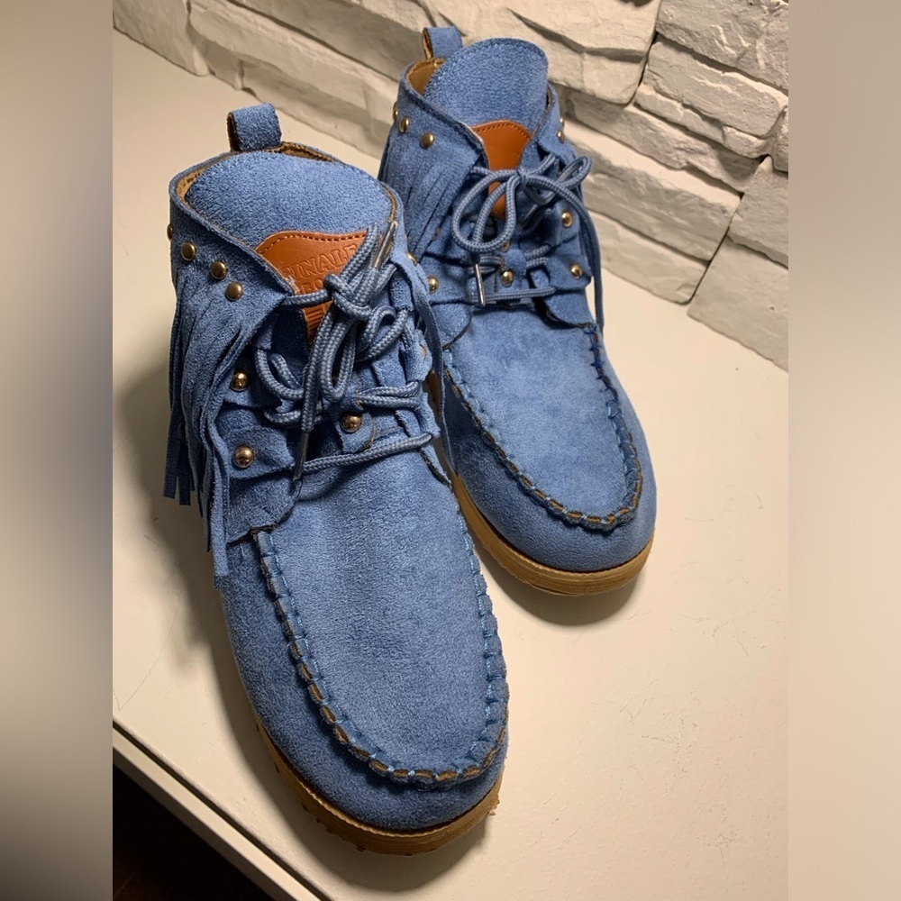 L'originale Balaloo moccasins Blue Suede Fringe Moccasin Boots - Picture 5 of 7
